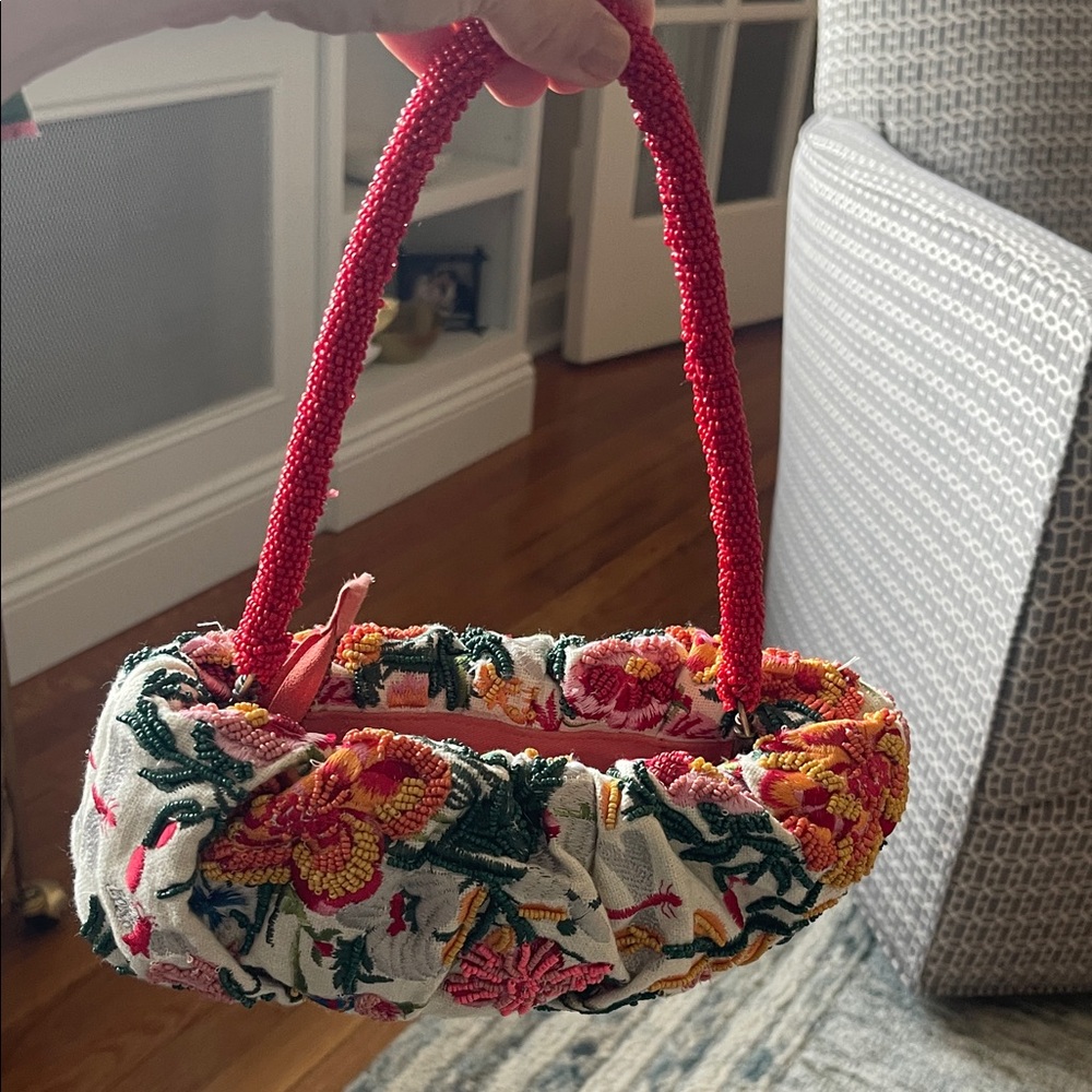 Anthropologie Red Handle Floral Embroidered Mini Bag